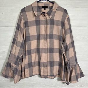 Lane Bryant Womens Button Blouse Top 20 Plus Pink Blue Plaid Long Bell Sleeve